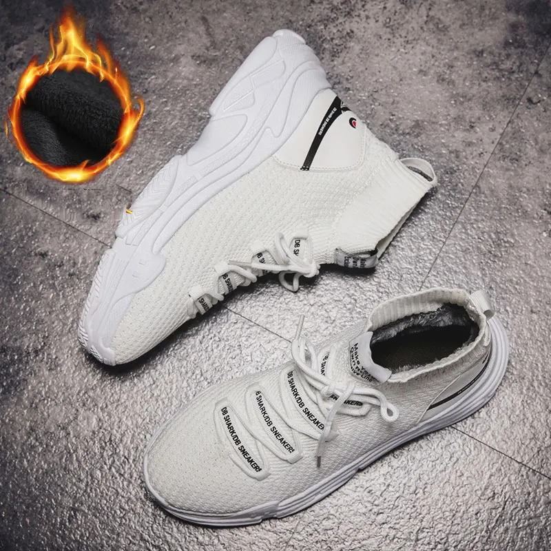 White plus velvet MANLI Shark/кроссовки для женщин и мужчин; трикотажная верхняя дышащая Спортивная обувь; ботинки с массивным каблуком; Высокая спортивная обувь для мужчин и женщин; большие размеры 47 - Цвет: White plus velvet