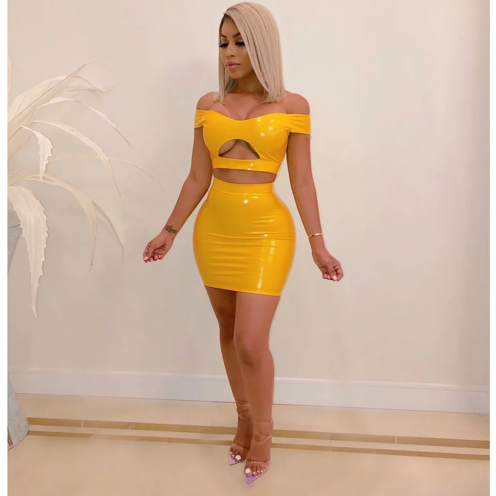 Yellow Комплект из искусственной кожи из двух предметов, женский укороченный топ с вырезом спереди и облегающая юбка, неоновый желтый оранжевый спортивный костюм из 2 предметов - Цвет: Yellow