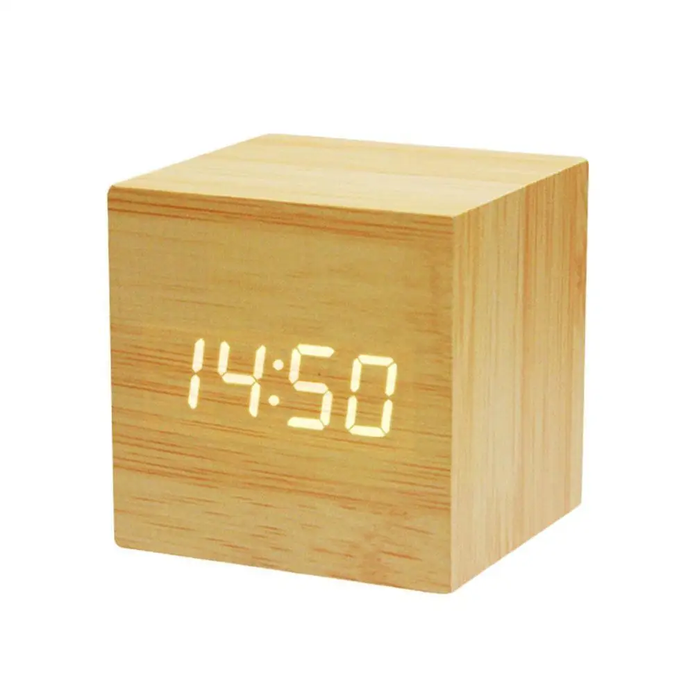 Square Wooden Alarm Clock Voice Control Snooze Function Minimalist Home Led Wood Temp Table Style Desk Cube Dec Z3c5 |