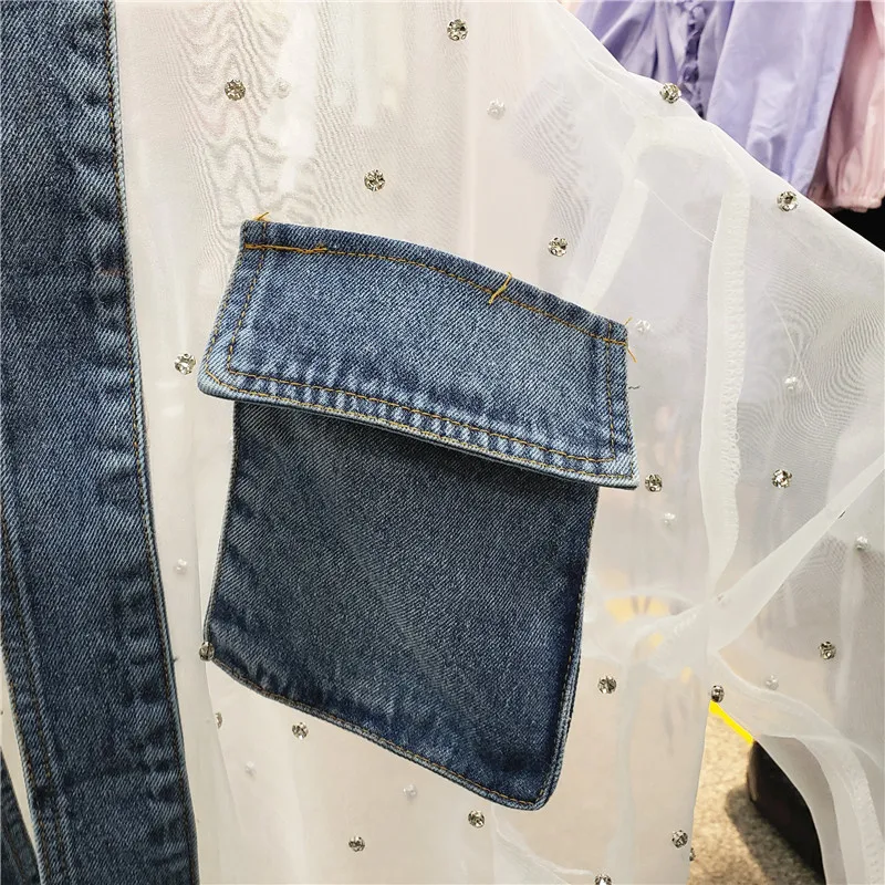 WHITNEY WANG Blouses 2020 Spring Fashion Streetwear Denim Patchwork See Through Mesh Diamonds Blouse Women Blusas Lady Shirt | Женская