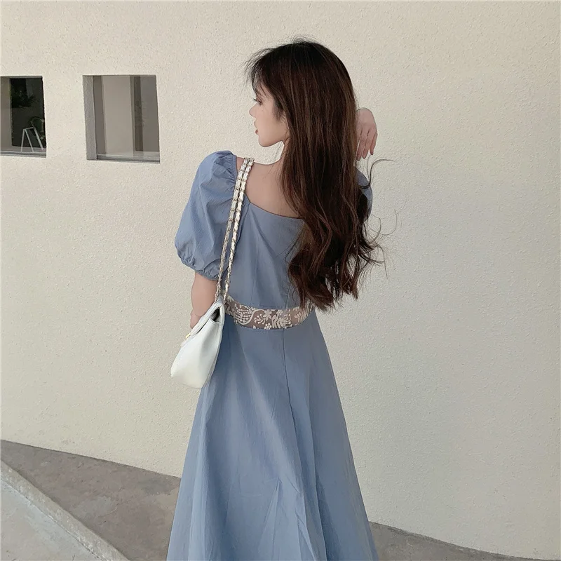 

French Elegant Women's Dress Tea Break Square Collar Blue Knee-length Long Skirt Hollow Lace Puff Sleeves Dresses Summer Sweet