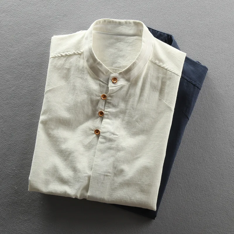 Мужская винтажная рубашка с воротником короткими рукавами из хлопка льна белого