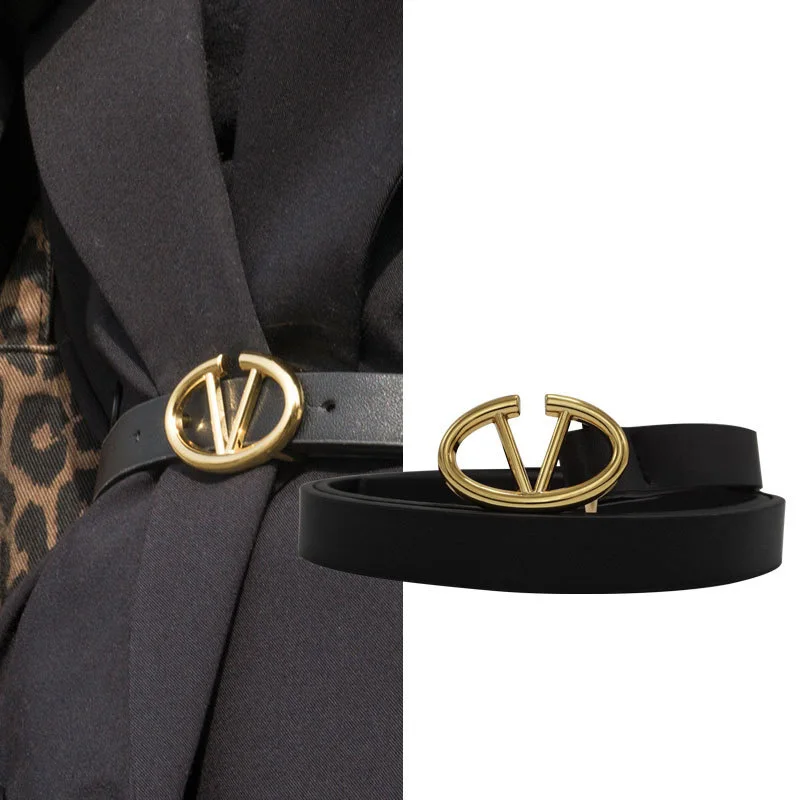 

Women's Pin Buckle Belt Letter V Design Fashion Light Luxury Style Thin Belt Retro Solid Color Adjustable Denim Accessories Belt