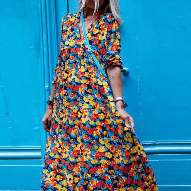 

Elegant V Neck Printed Boho Party Long Dress Fashion Casual Long Sleeve Lady Maxi Dress Women Loose Spring Autumn Dress Vestidos