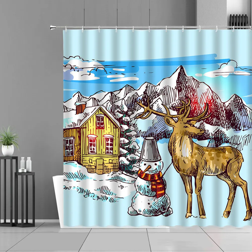 

Funny Cartoon Animal Print Shower Curtain Elk Flowers Cat Cow Christmas Cloth Curtains Bathroom Decoration Waterproof Belt Hook