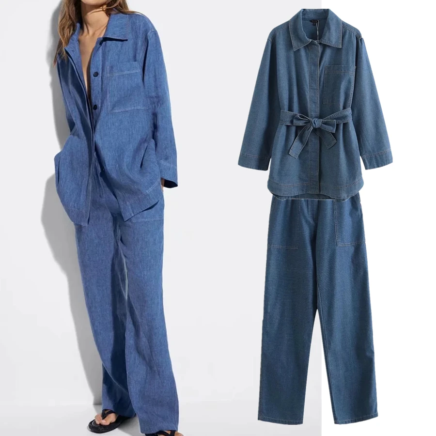 

Maxdutti Enlgand Fashion High Street Vintage Sashes Oversize Loose Denim Jacket Pants Women Trousers Two Pieces Sets