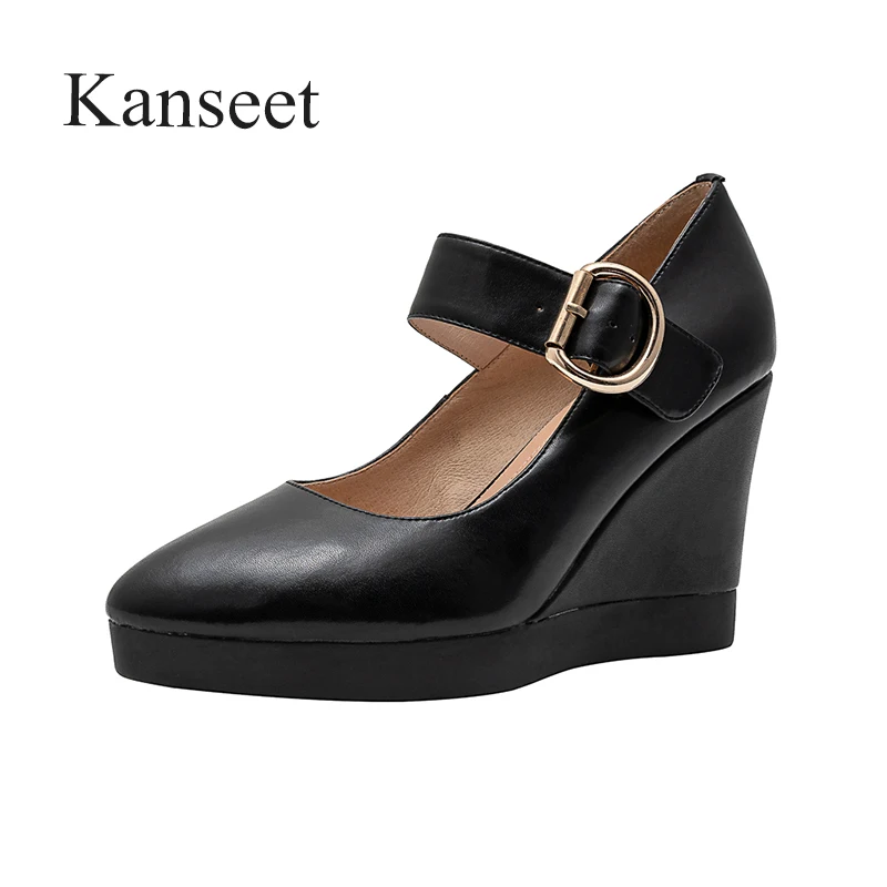 Kanseet Fashion Wedges Genuine Leather Shoes 2021 Women Pumps Spring Autumn Buckle Pointed Toe High Heels Office Black Female