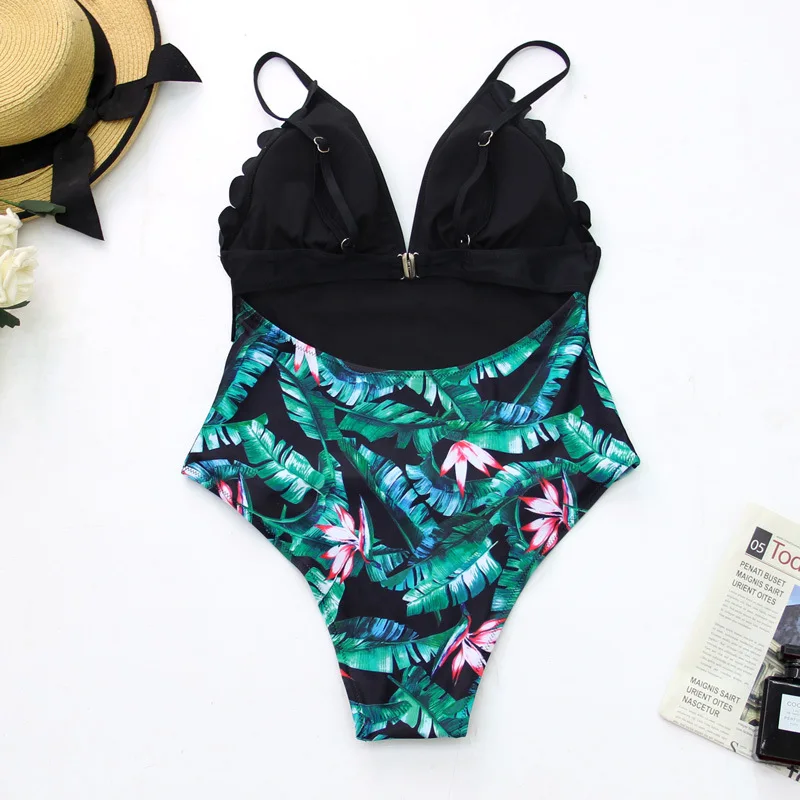 

2021 Trikini Leaf Printed One Piece Swimsuit Women Sexy Plus Size Swimwear Bathing Suit High Waist Swimming Suit Beach Wear 2XL