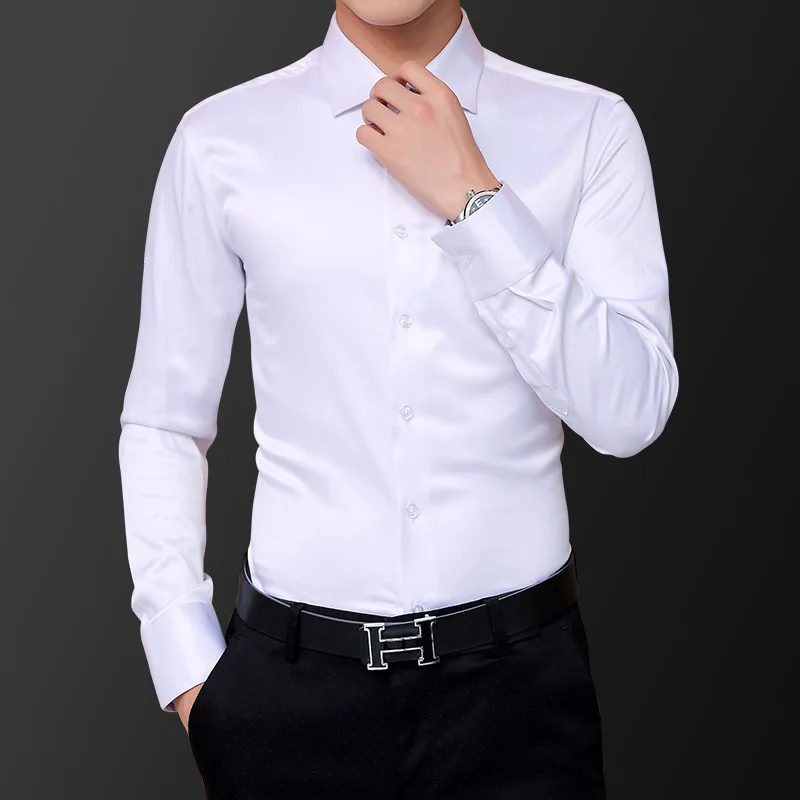 

Silk shirt men ice long sleeve elastic slim business wedding bridegroom best man no iron shirt men