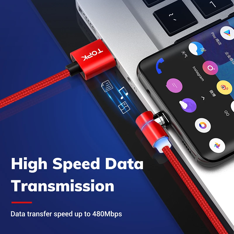 Магнитный светодиодный usb кабель TOPK для быстрой зарядки USB Type C и Micro Samsung Xiaomi iPhone 11 X