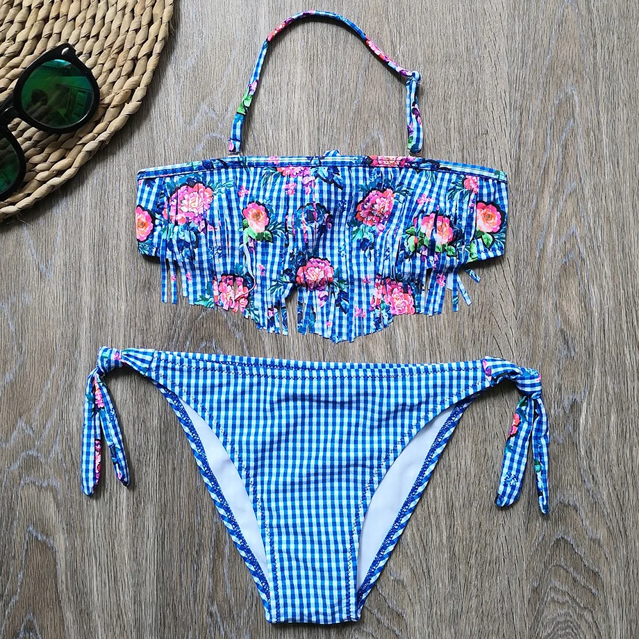 Детский купальник с кисточками для девочек комплект бикини в клетку из двух