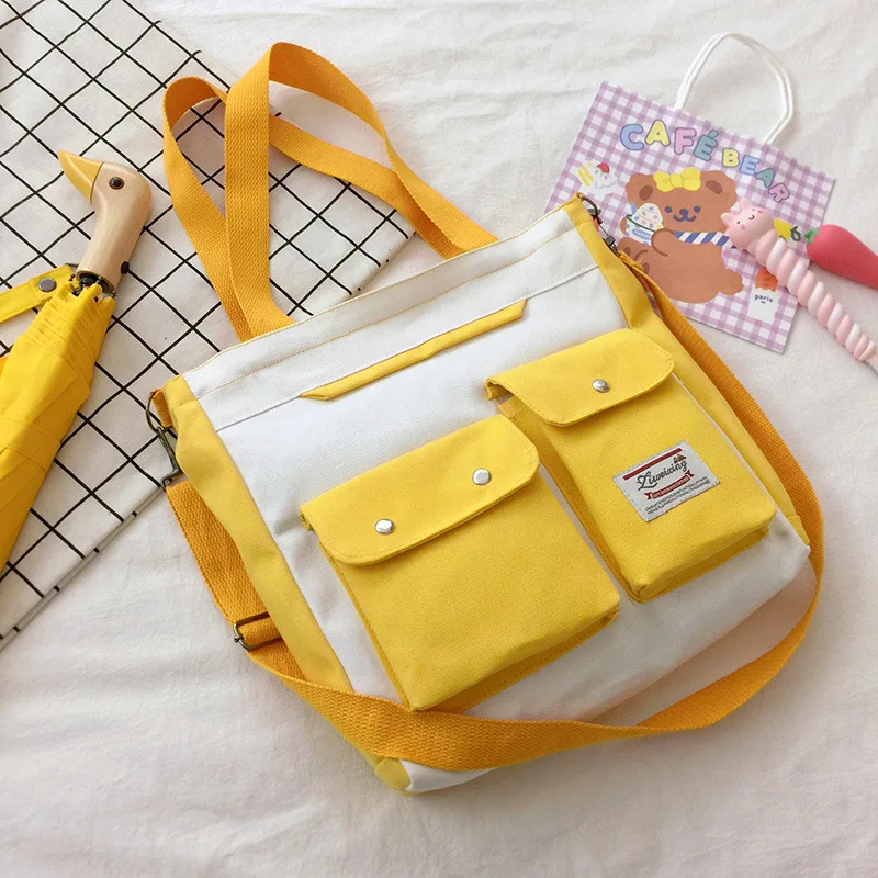 

Women's Double Pocket Canvas Bag Fashion Trend Single Shoulder Bag with Lid Zipper Messenger Bag Student Tuition Bag