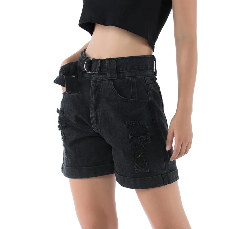 

Short Jeans Women black Elastic High Waisted Denim Shorts with Belt