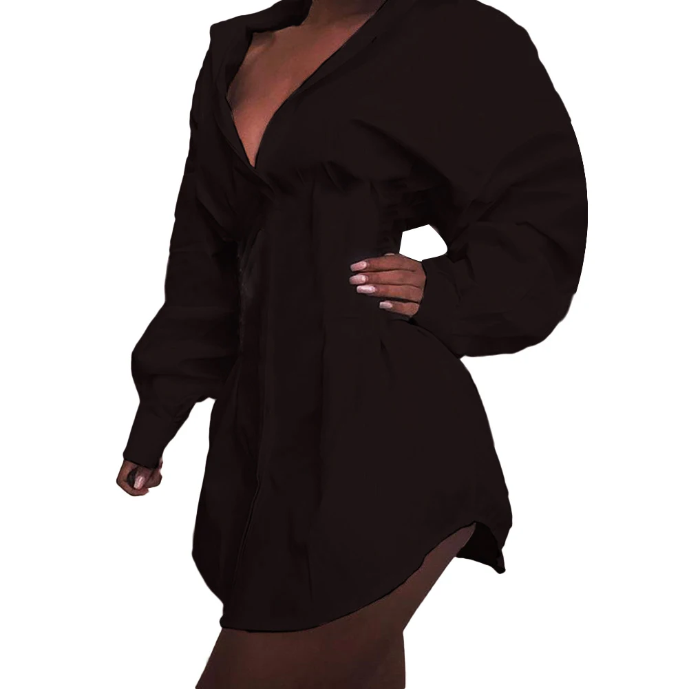 Женская Однотонная рубашка с отложным воротником V образным вырезом и длинным