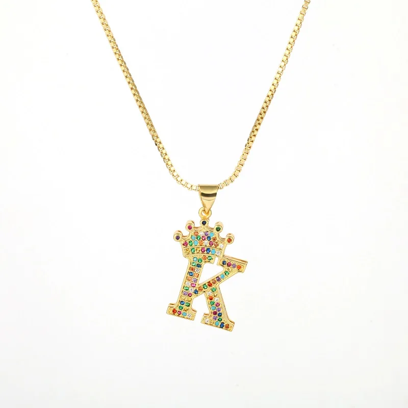 

Diy A-Z letter alphabet necklaces women's crown necklace copper colorful AAA zircon 18K gold initial name necklace jewelry