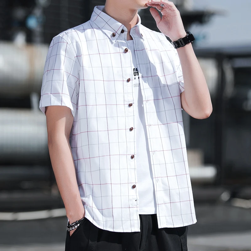 

Summer 2021 new men's short sleeve shirt checked Korean version slim half sleeve fashion teenager shirt inch shirt