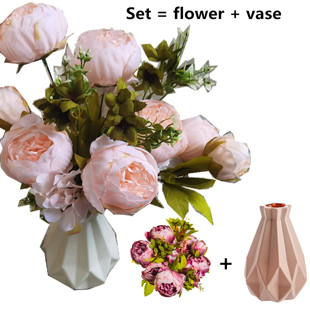 Ваза + 50 см розовый Шелковый Букет пионов Искусственные цветы 6 больших головок 2