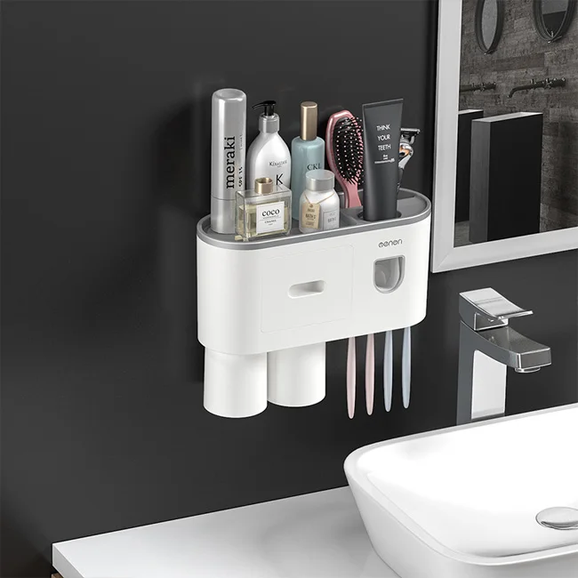 

Multifunctional Dispenser Set 4 Slots 2 Cups Drawers Cosmetic Organizer Kids'Toothbrush Holder Wall Mounted