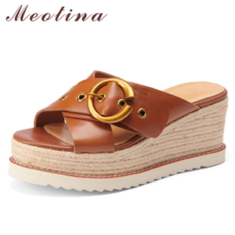 

Meotina Slippers Shoes Women Real Leather Espadrille Sandals Wedges High Heel Slides Round Toe Platform Ladies Footwear Summer