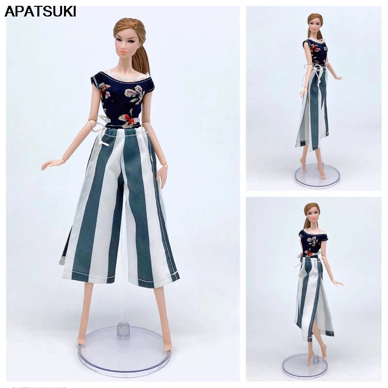Fashion Casual Wear Clothes For Barbie Doll Black Flower Floral Vest T-shirt &amp Striped Pants Trousers Outfits 1/6 Accessory | Игрушки и