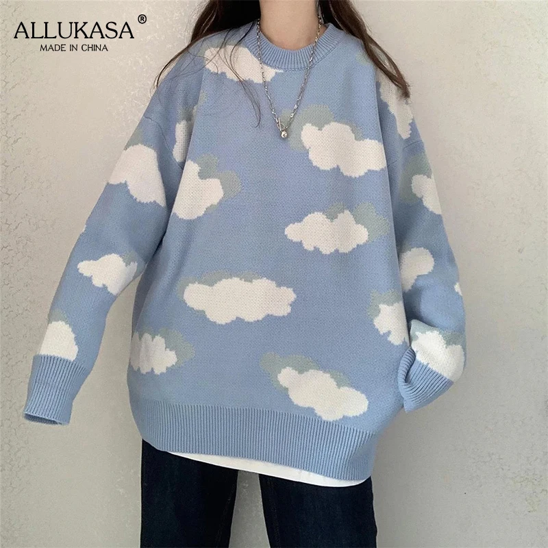 Cartoon cloud y2k ladies sweater knitted pullover 2021 autumn clouds soft and loose casual Harajuku cute chic girl pullover