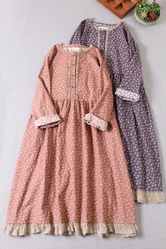 

Spring New Japanese Mori Girl Literary Floral Dress Loose Large Size Style Printed Lace Mid-Length Dress