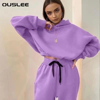 ouslee fleece womens tracksuit cropped hoodies set long sleeve drawstring tops suit female autumn casual lady sportswear sets