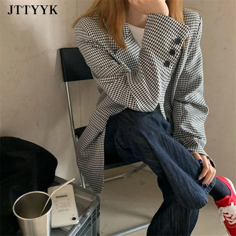 

Black Jackers Coat For Women 2021 Female Spring Office Lady Plaid Long Blazers Ladies Fashion Casual Suits Women Elegant Coats