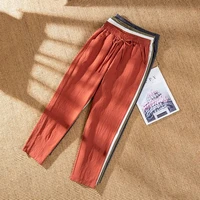 woman summer harem pants vintage candy colors cotton linen wide leg pants solid elastic waist ankle length capris trousers