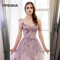 elegant sweet light purple long evening dresses one shoulder 3d tulle flowers lace appliques beaded formal princess gown