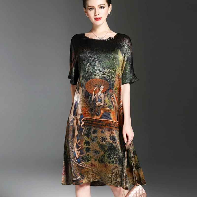 Женское шелковое платье с принтом свободное элегантное винтажное большого