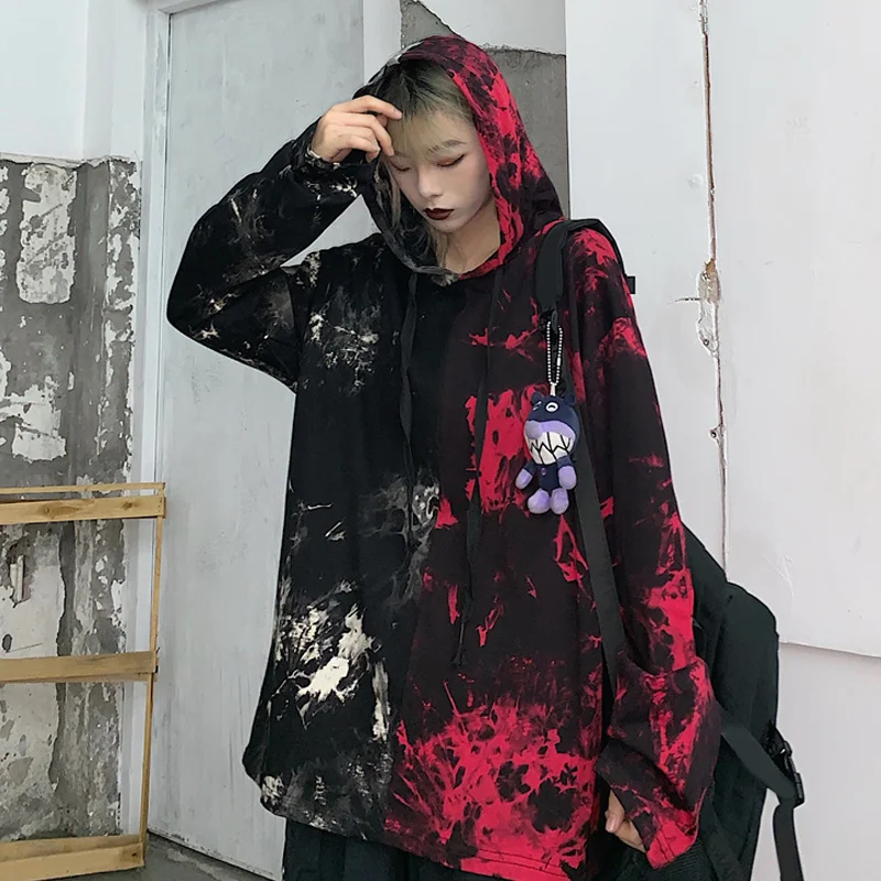 

Harajuku Tie Dyed Long Sleeve T-shirt Women's Autumn 2021 New hoody Loose Man couples Gothic punk tops Korean Clothes