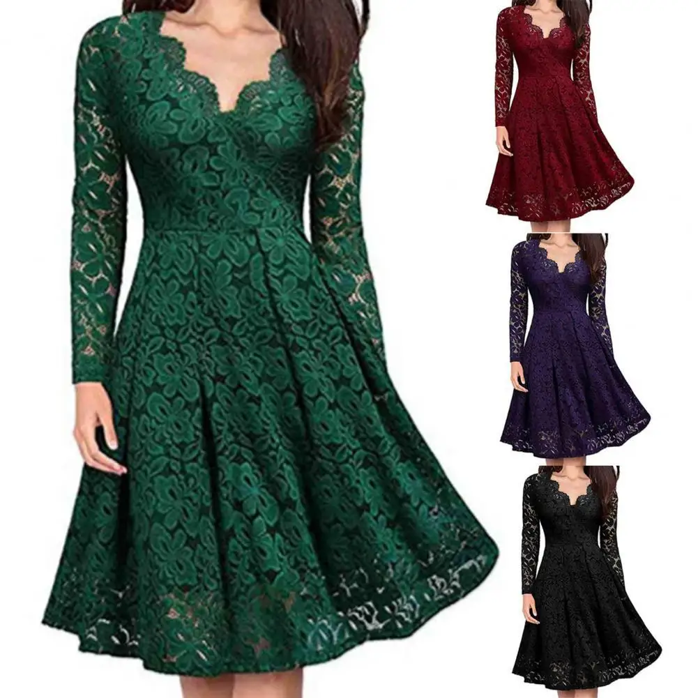 

Christmas Casual Dresses for Women 2021 Lace Hollow Out Autumn Winter Solid Color Floral Pattern Dress for Wedding