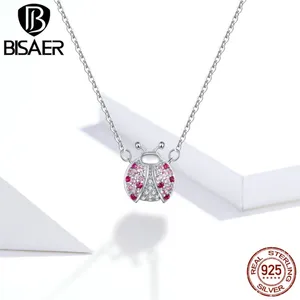 Женское ожерелье с кубическим цирконием BISAER, ожерелье из стерлингового серебра 100% пробы с розовым ожерелье с божьей коровкой, Подарочная бижутерия ECN400, 925