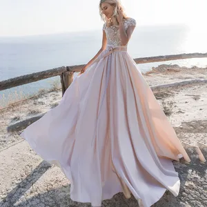 Elegant Pink Luxury O-Neck Wedding Dress 2021 with Lace Appliques A-Line Short Sleeve Button Sashes Bride Gown Vestido de novia