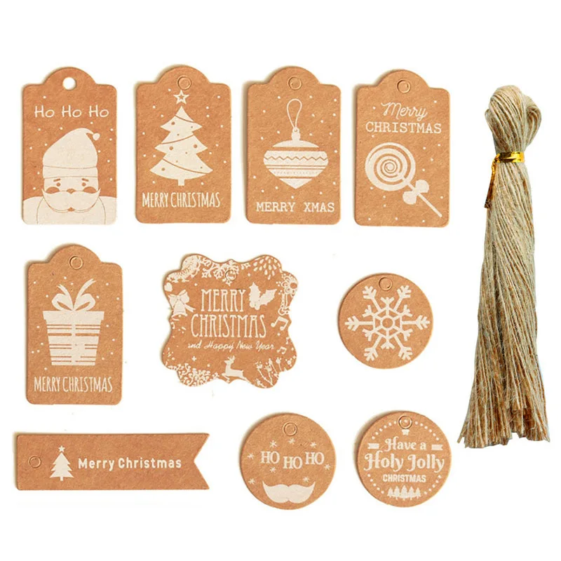 

50pcs Merry Christmas Tags with Hemp Rope DIY Kraft Paper Labels Gift Wrapping Tag Santa Claus Cards Christmas Decorations 2021