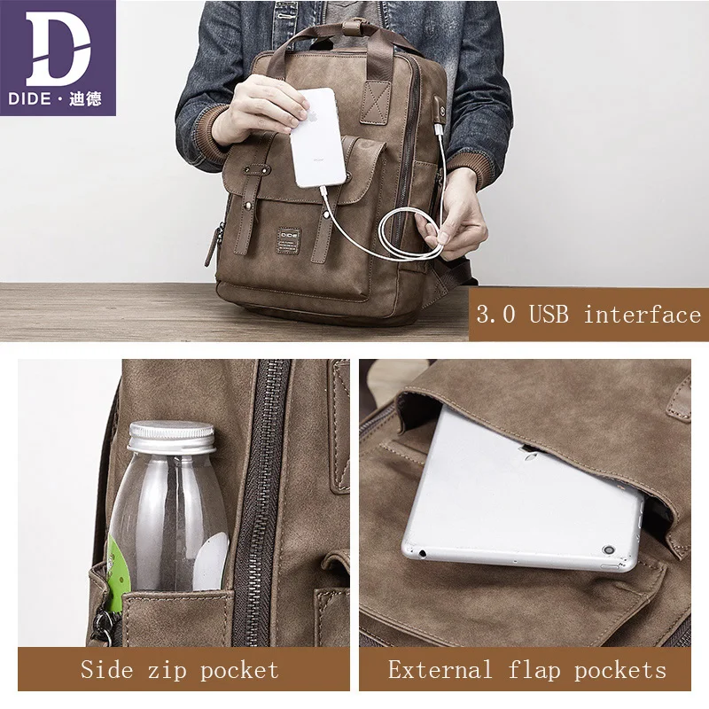 DIDE, новинка, 15 дюймов, Мужской винтажный кожаный рюкзак с USB, рюкзак для ноутбука, женский толстый Школьный рюкзак, Повседневная сумка на плечо, ретро школьный рюкзак