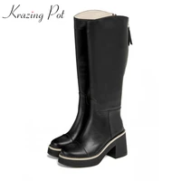 krazing pot cow leather round toe platform long riding boots model runway show cross tied winter mixed color knee high boots l06