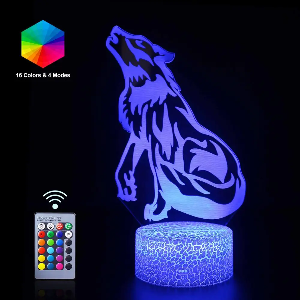 

Wolf Remote 3D LED Night Light 16 Color Cartoon Table Lamp Sleep NightLight Luminaria Kid Toy Birthday Christmas Halloween Gift