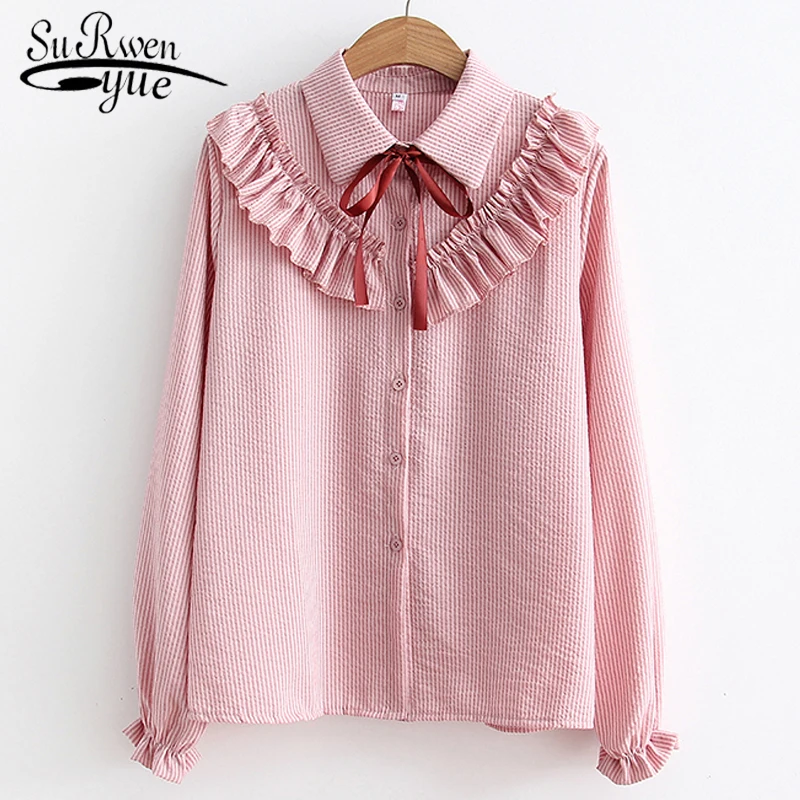 

Fashion Women 2021 Chiffon Blouses Long Sleeve Bow Ruffles Women Shirt Casual Striped Women Clothing Office Lady shirts 5141 50