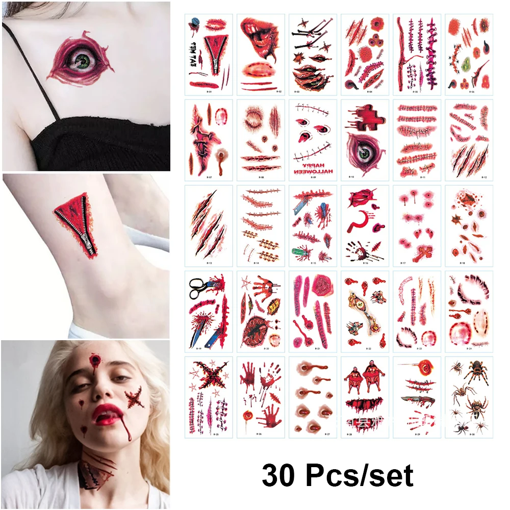 30 шт./компл. Хэллоуин татуировки реалистичные террор ран временные поддельные
