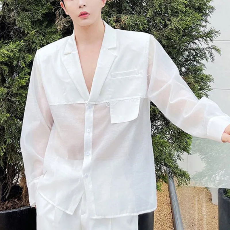 

Summer Thin Blazer Men's Fashion Black White Suit Jacket Men Korean Loose Breathable Transparent Dress Jacket Mens M-XL