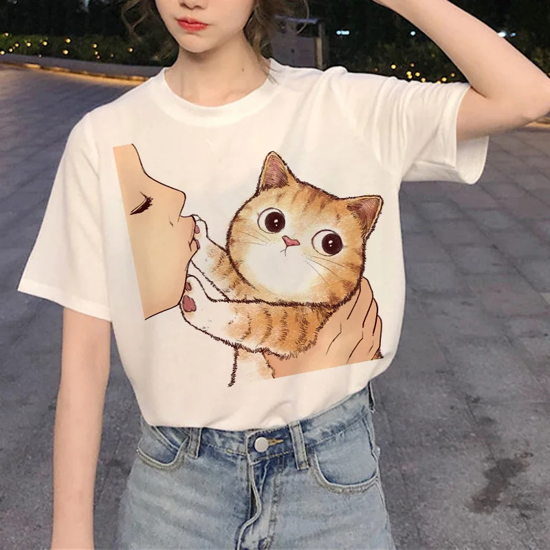 

Cartoon cat printing casual Harajuku female T-shirt summer short-sleeved casual round neck clothes China's top female T-shirt