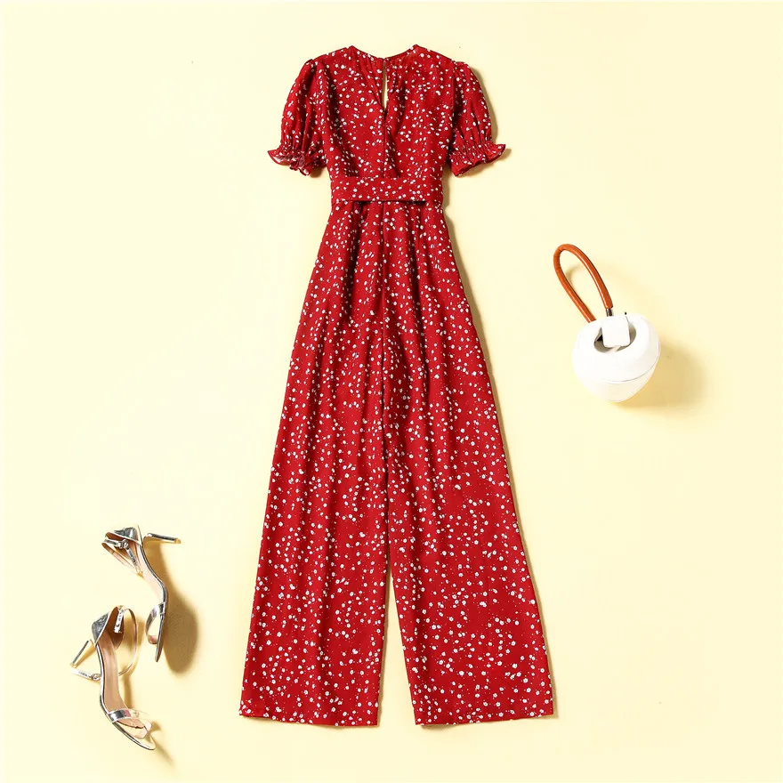 

Runway Designer Print Jumpsuit Women's High Street Fashion V-neck Tied Waist Wide Leg Mujer Long Overall