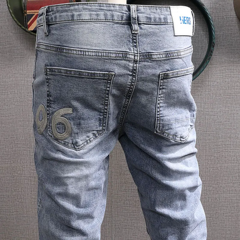 European American Street Fashion Men Jeans Retro Light Blue Elastic Spliced Designer Biker Jeans Men Hip Hop Denim Punk Pants