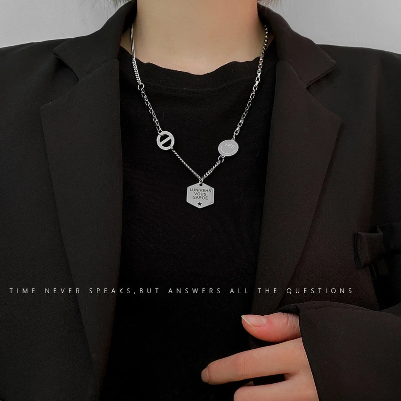 

POTCET Unisex Stainless Steel Letter Smiley Titanium Steel Necklace Pendant Sweater Chain Fashion Hip Hop Party Jewelry