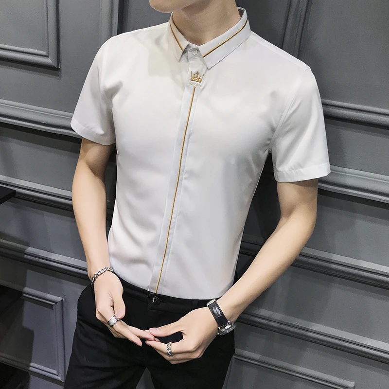 Мужская Облегающая рубашка с коротким рукавом черная/белая под смокинг