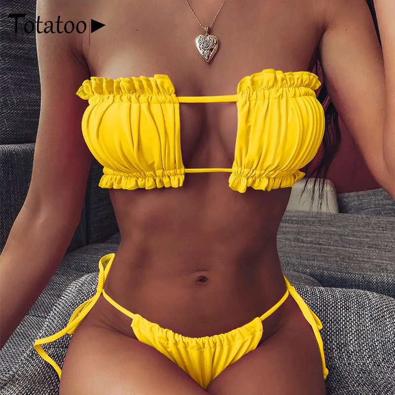 

Totatoop Strapless Lace Up Bandage Ruched Bikini Sets Women 2020 Summer Hollow Out Smocked Bandeau Two Piece Swimsuit Female