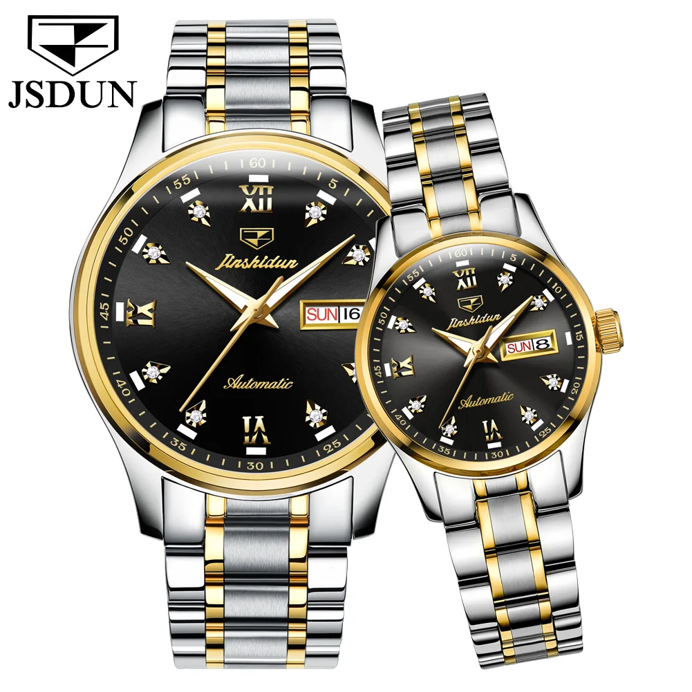 

JSDUN 2021 Fashion Couple Mechanical Watch Top Brand Automatic Couple Watch Calendar Sapphire Waterproof Stainless Steel Watch