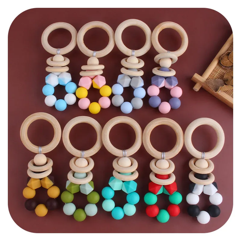 Coskiss-Anillo de madera Hemu con cuentas de silicona, juguete de chupete de dibujos animados, artesan&iacute;as de madera, accesorios para mordedores de beb&eacute;-2